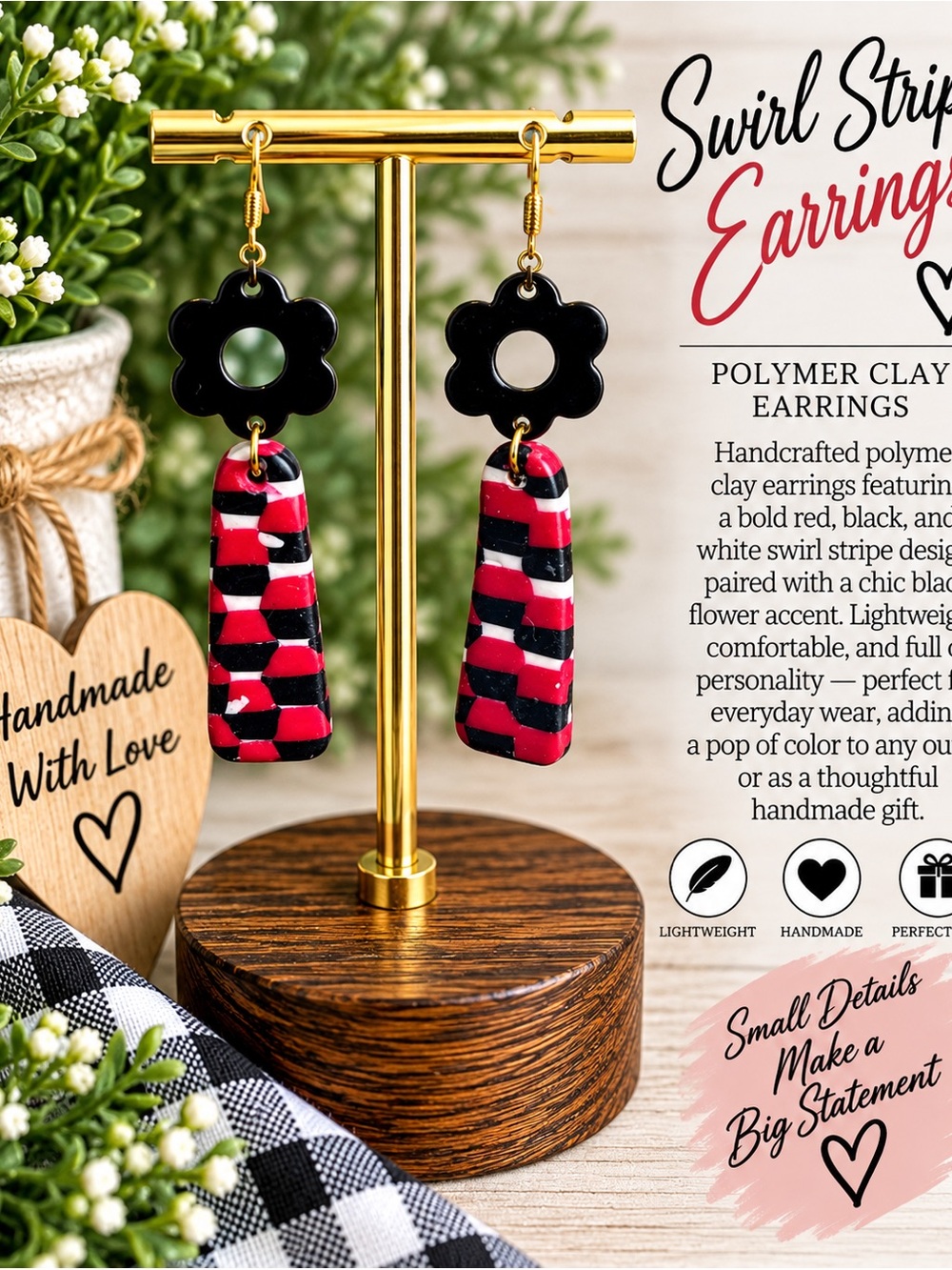 Red & Black Swirl Flower Dangle Earrings